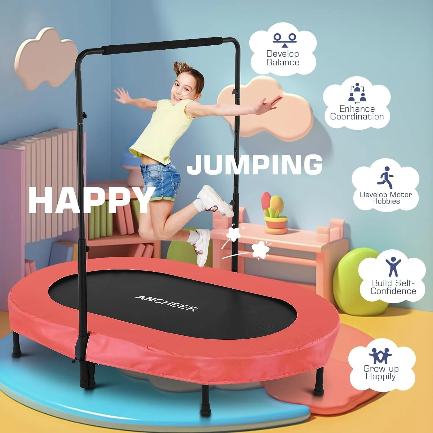 ANCHEER 56" Double Mini Trampoline for Kids, Mini Rebounder with 5-Level Adjustable Handle, Parent-Child Trampoline for Kids, Max Load 220lbs, Fun for Indoor/Outdoor