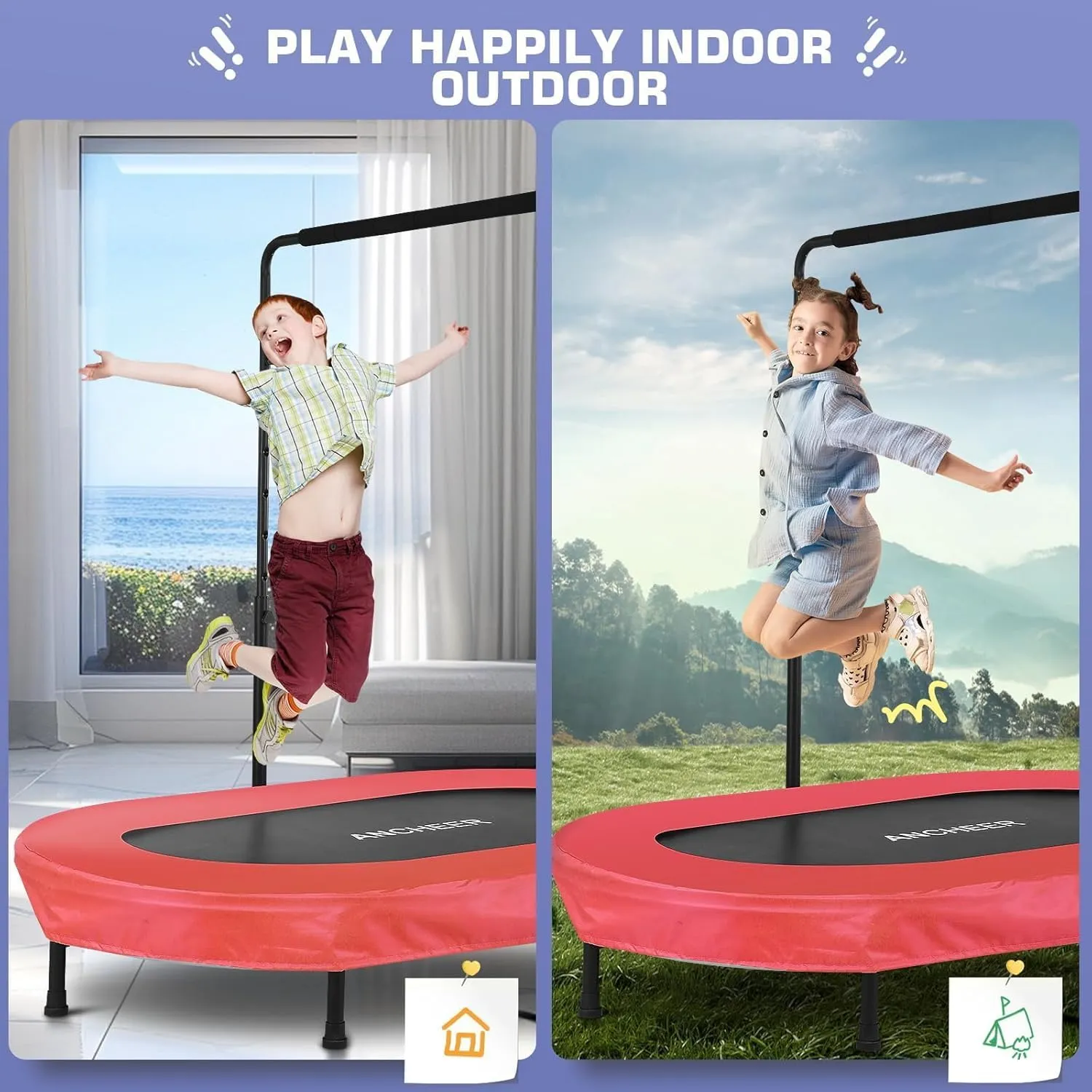 ANCHEER 56" Double Mini Trampoline for Kids, Mini Rebounder with 5-Level Adjustable Handle, Parent-Child Trampoline for Kids, Max Load 220lbs, Fun for Indoor/Outdoor