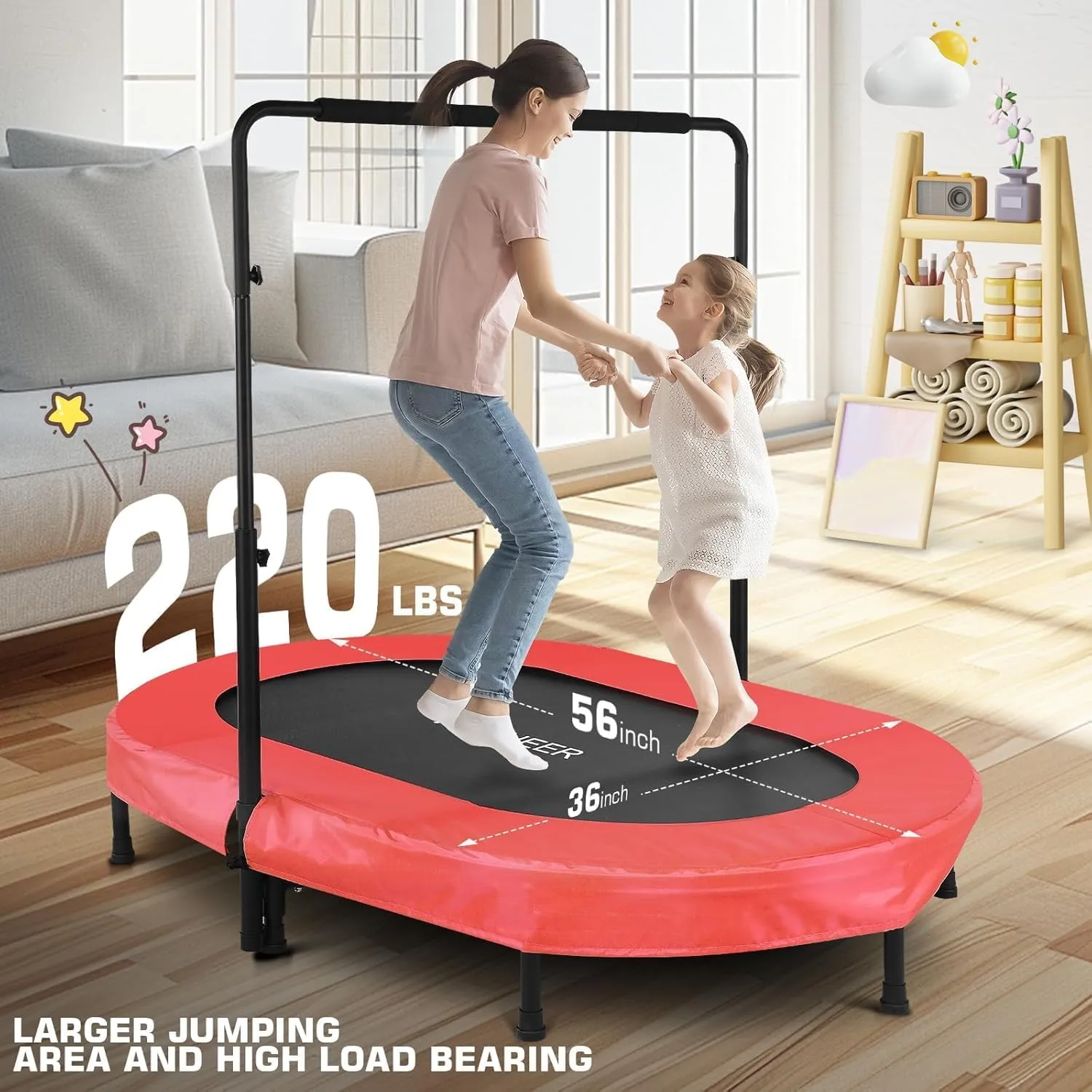 ANCHEER 56" Double Mini Trampoline for Kids, Mini Rebounder with 5-Level Adjustable Handle, Parent-Child Trampoline for Kids, Max Load 220lbs, Fun for Indoor/Outdoor