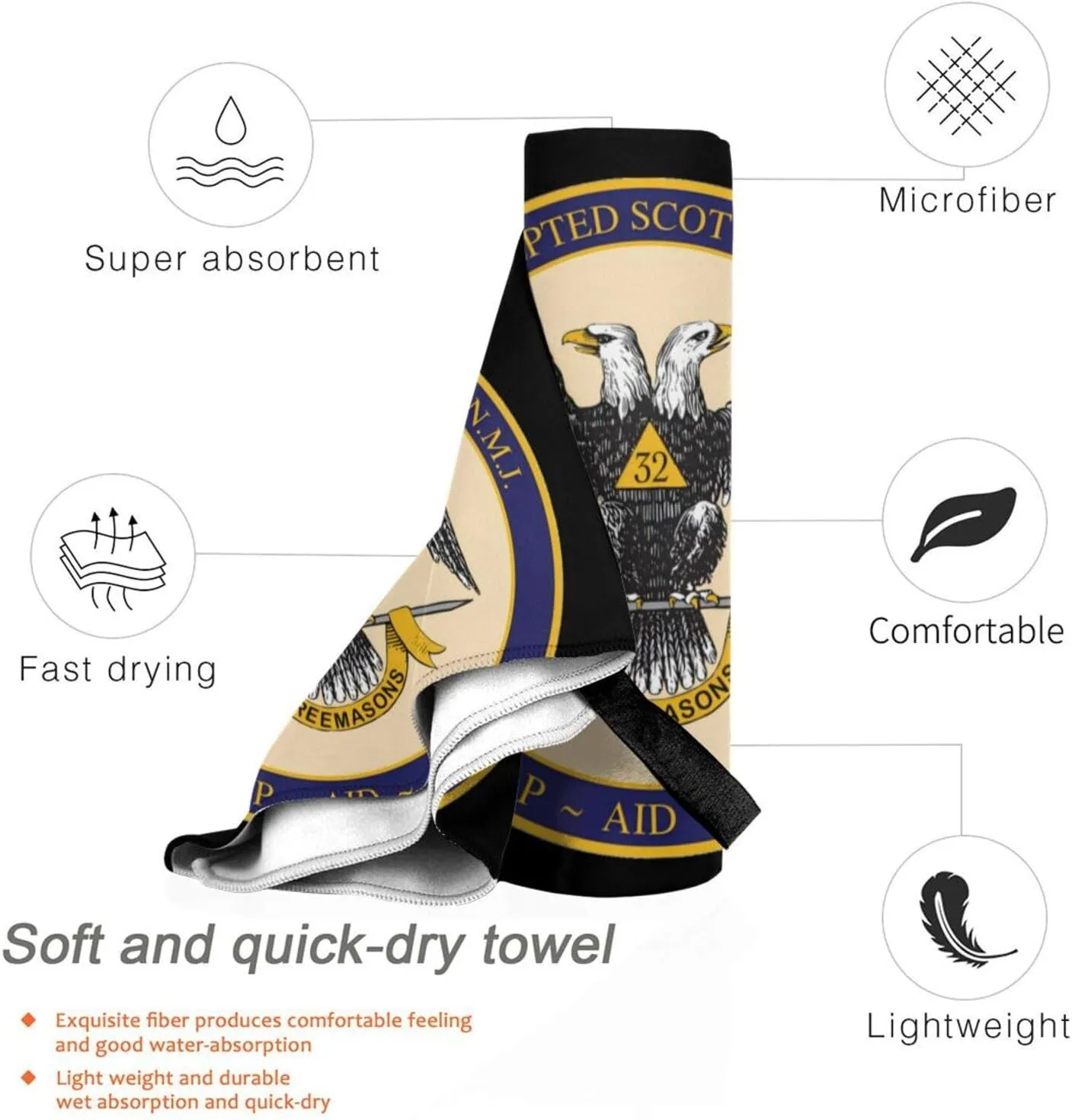 Ancient Accepted Scottish Rite Masonic Beach Towel Quick Dry Sand Free Lightweight Large 31.5"x63" with Travel Bag - Vacation Essentials Bath Towel for Pool, Summer