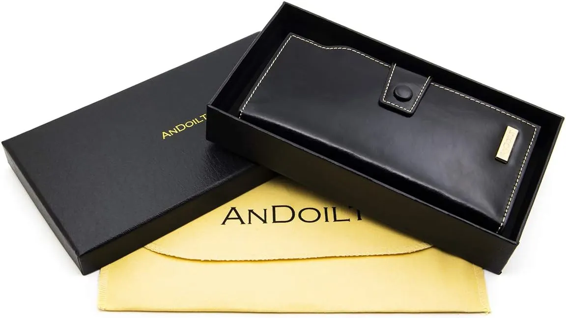 ANDOILT Women's RFID Blocking Large Capacity Luxury Wax Genuine Leather Clutch Wallet Card Holder Organizer Ladies Purse