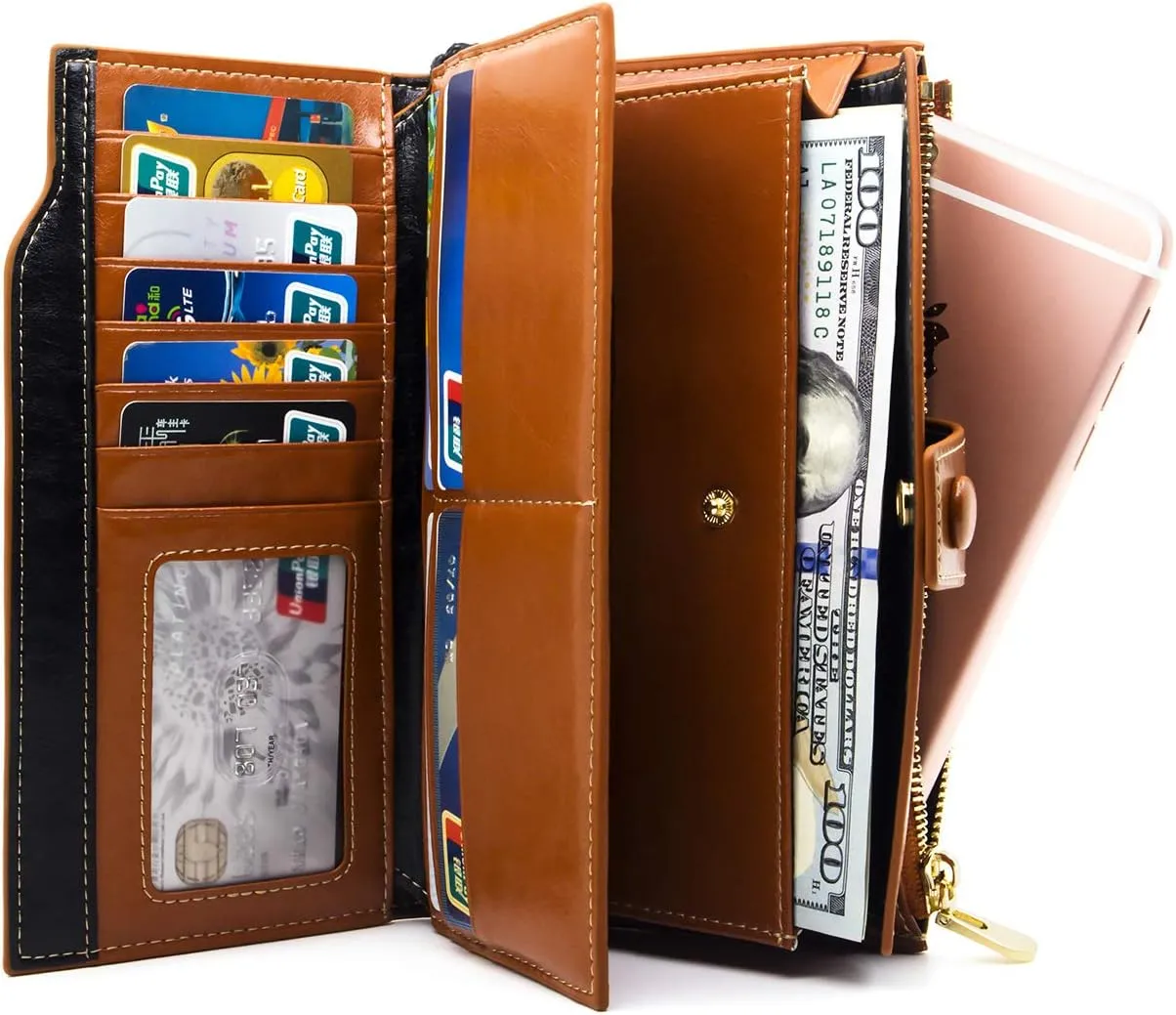 ANDOILT Women's RFID Blocking Large Capacity Luxury Wax Genuine Leather Clutch Wallet Card Holder Organizer Ladies Purse