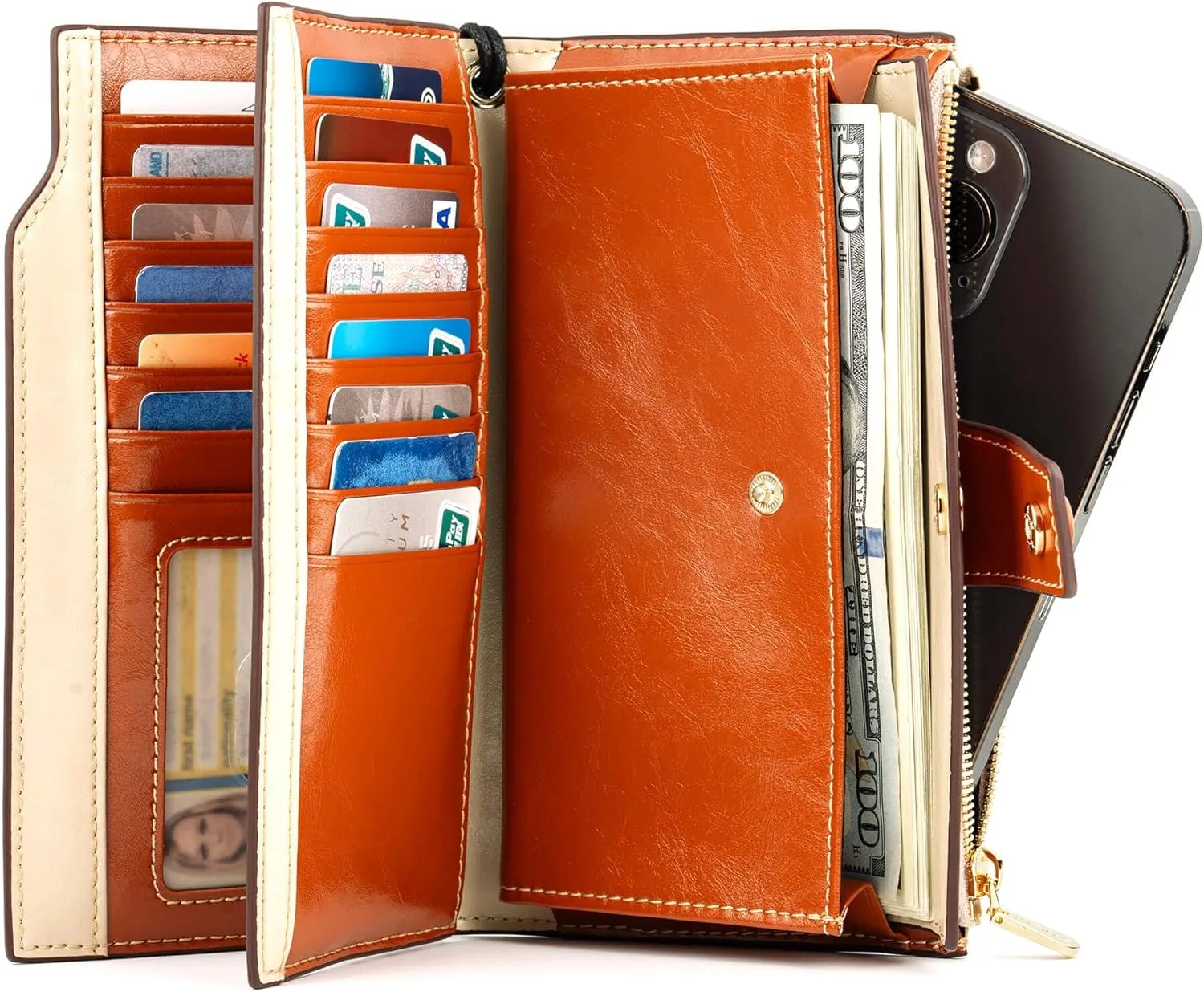 ANDOILT Women's RFID Blocking Large Capacity Luxury Wax Genuine Leather Clutch Wallet Card Holder Organizer Ladies Purse