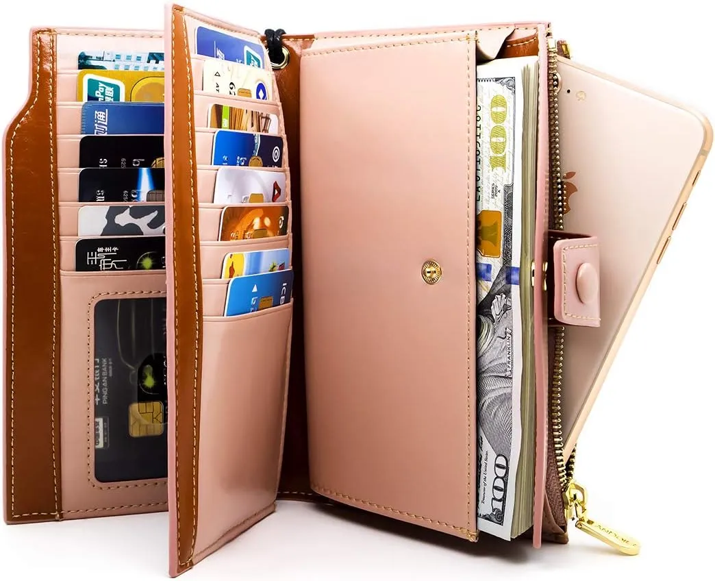 ANDOILT Women's RFID Blocking Large Capacity Luxury Wax Genuine Leather Clutch Wallet Card Holder Organizer Ladies Purse