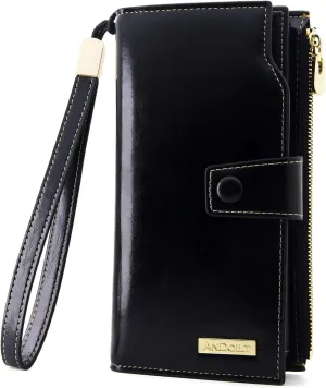 ANDOILT Women's RFID Blocking Large Capacity Luxury Wax Genuine Leather Clutch Wallet Card Holder Organizer Ladies Purse