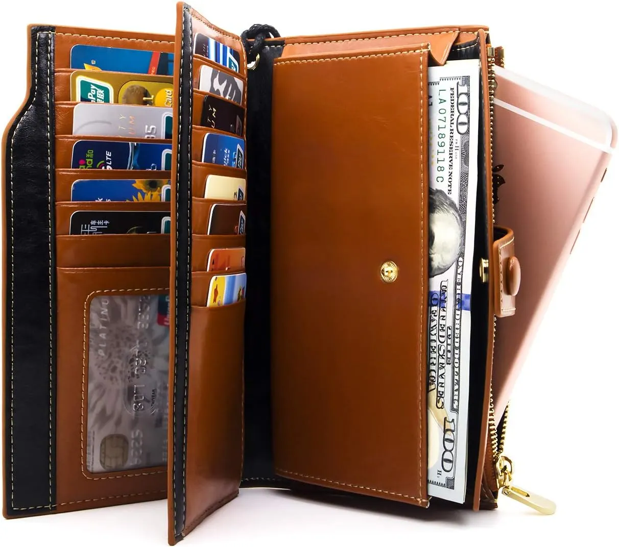 ANDOILT Women's RFID Blocking Large Capacity Luxury Wax Genuine Leather Clutch Wallet Card Holder Organizer Ladies Purse