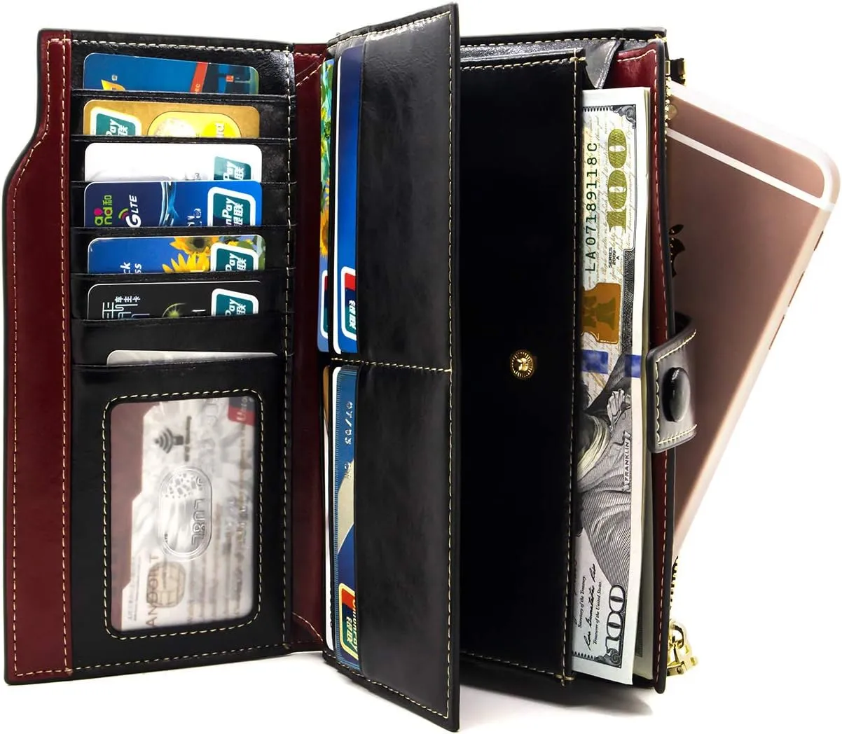 ANDOILT Women's RFID Blocking Large Capacity Luxury Wax Genuine Leather Clutch Wallet Card Holder Organizer Ladies Purse
