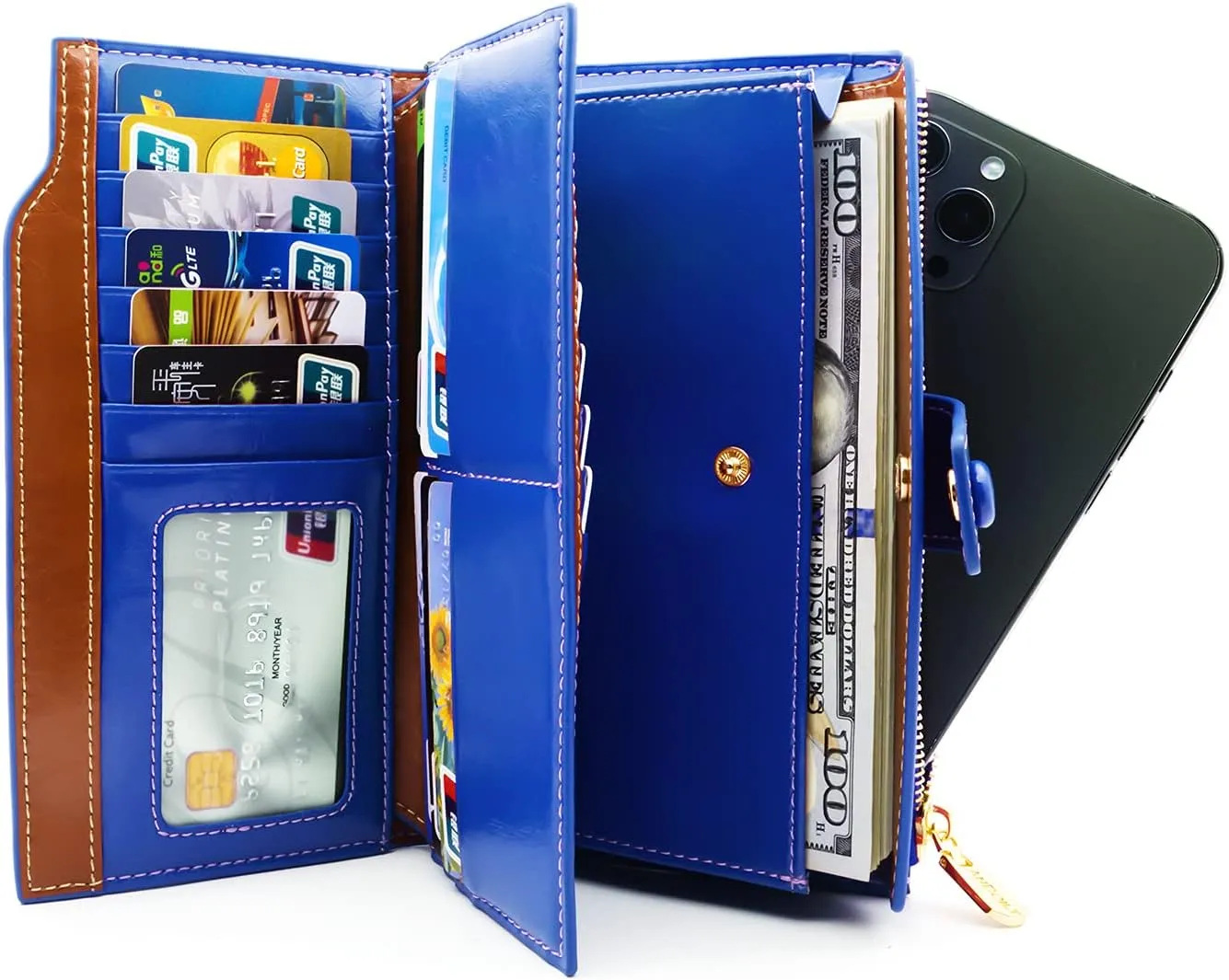 ANDOILT Women's RFID Blocking Large Capacity Luxury Wax Genuine Leather Clutch Wallet Card Holder Organizer Ladies Purse