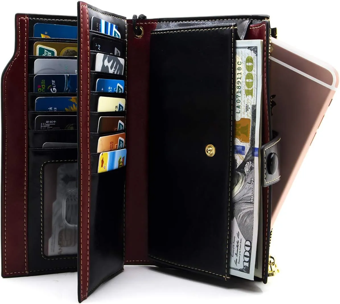 ANDOILT Women's RFID Blocking Large Capacity Luxury Wax Genuine Leather Clutch Wallet Card Holder Organizer Ladies Purse