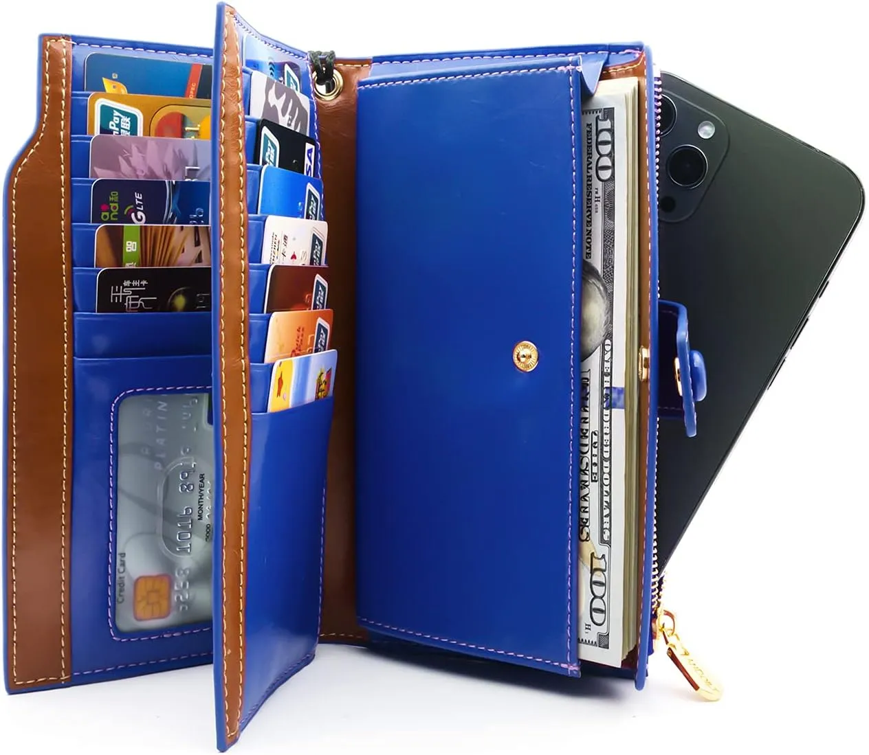 ANDOILT Women's RFID Blocking Large Capacity Luxury Wax Genuine Leather Clutch Wallet Card Holder Organizer Ladies Purse