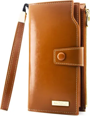 ANDOILT Women's RFID Blocking Large Capacity Luxury Wax Genuine Leather Clutch Wallet Card Holder Organizer Ladies Purse