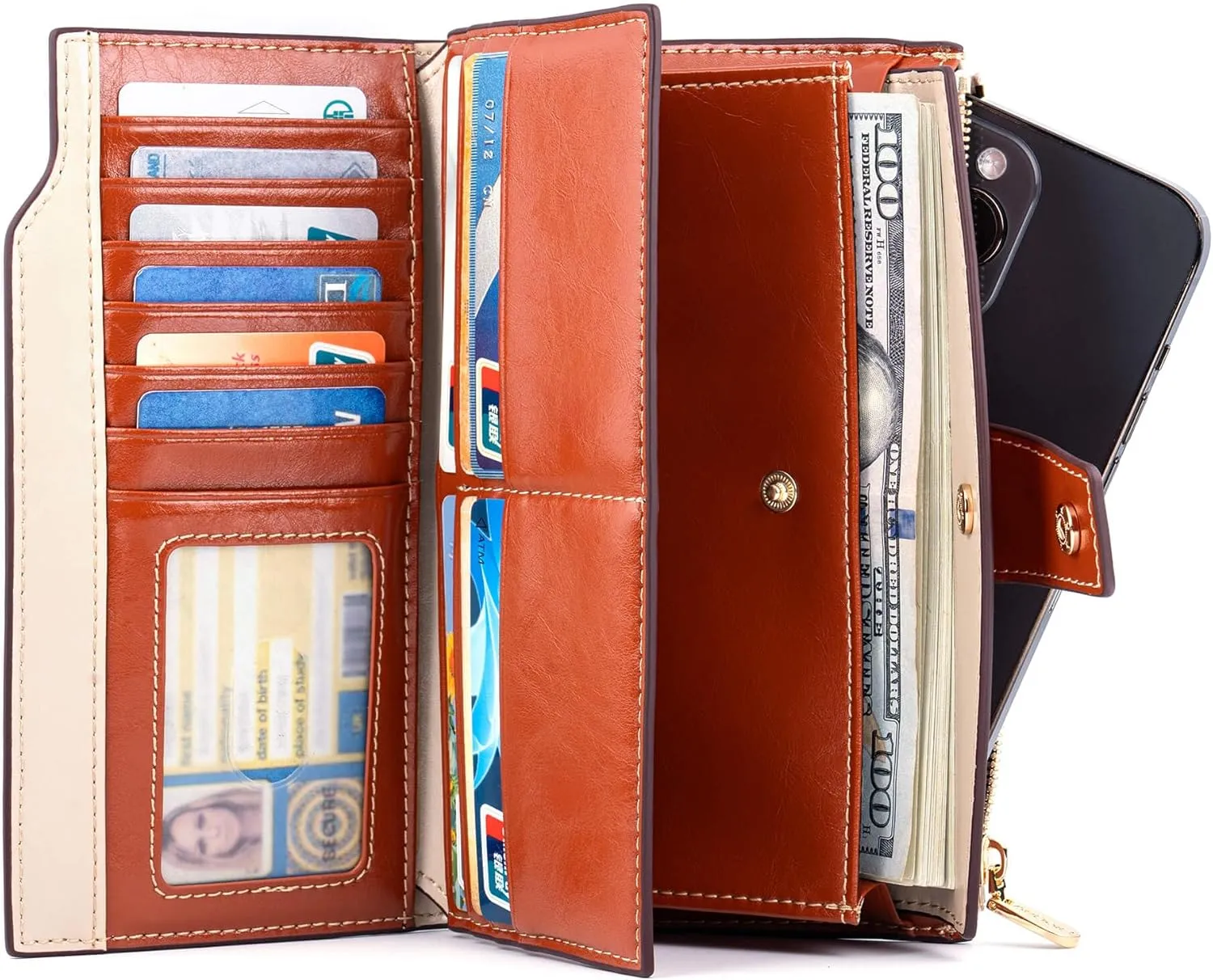 ANDOILT Women's RFID Blocking Large Capacity Luxury Wax Genuine Leather Clutch Wallet Card Holder Organizer Ladies Purse