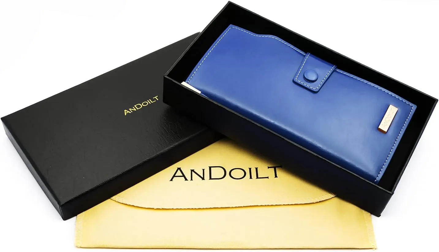ANDOILT Women's RFID Blocking Large Capacity Luxury Wax Genuine Leather Clutch Wallet Card Holder Organizer Ladies Purse