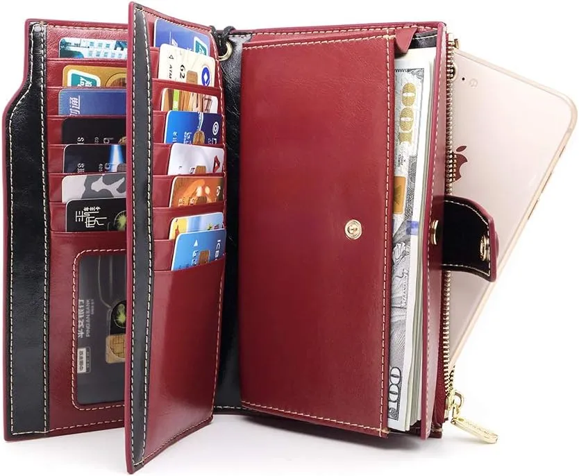 ANDOILT Women's RFID Blocking Large Capacity Luxury Wax Genuine Leather Clutch Wallet Card Holder Organizer Ladies Purse