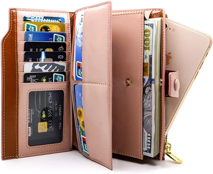 ANDOILT Women's RFID Blocking Large Capacity Luxury Wax Genuine Leather Clutch Wallet Card Holder Organizer Ladies Purse