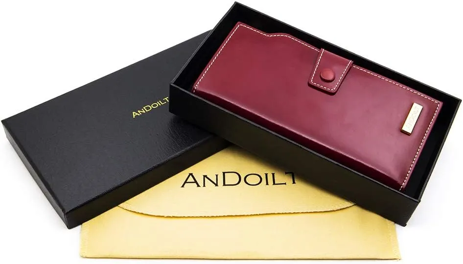 ANDOILT Women's RFID Blocking Large Capacity Luxury Wax Genuine Leather Clutch Wallet Card Holder Organizer Ladies Purse