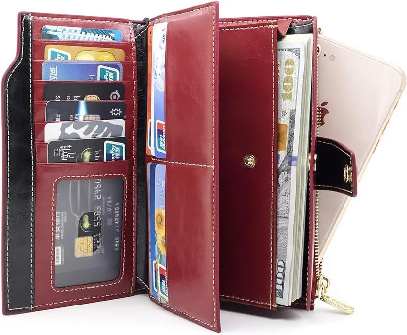 ANDOILT Women's RFID Blocking Large Capacity Luxury Wax Genuine Leather Clutch Wallet Card Holder Organizer Ladies Purse