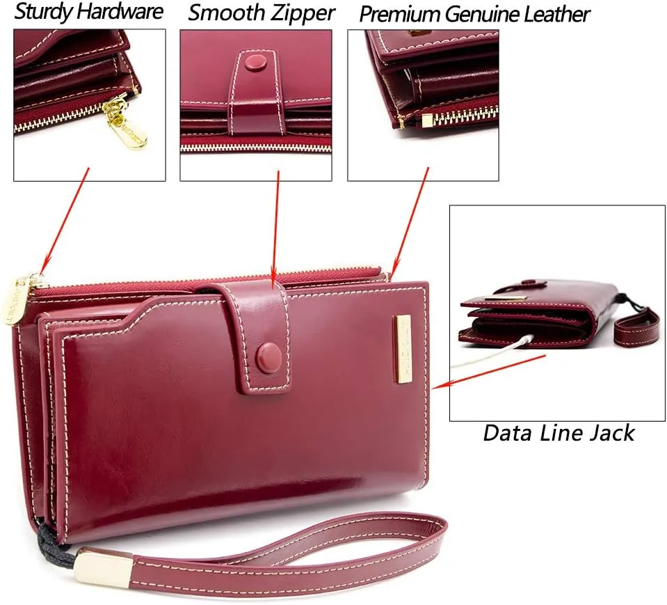 ANDOILT Women's RFID Blocking Large Capacity Luxury Wax Genuine Leather Clutch Wallet Card Holder Organizer Ladies Purse