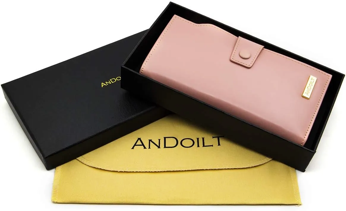 ANDOILT Women's RFID Blocking Large Capacity Luxury Wax Genuine Leather Clutch Wallet Card Holder Organizer Ladies Purse