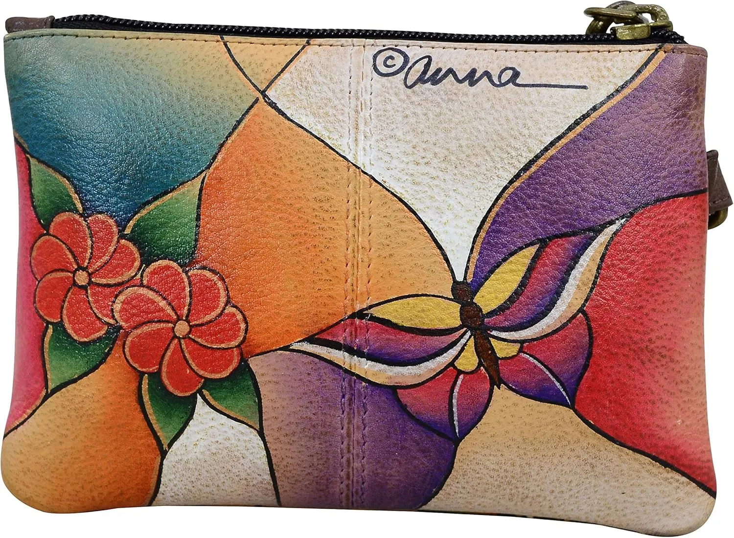 Anna by Anuschka Women's Original Leather Hand-Painted Coin Purse Zippered Pouch with a Top Zip Entry and Detachable Wrist Strap