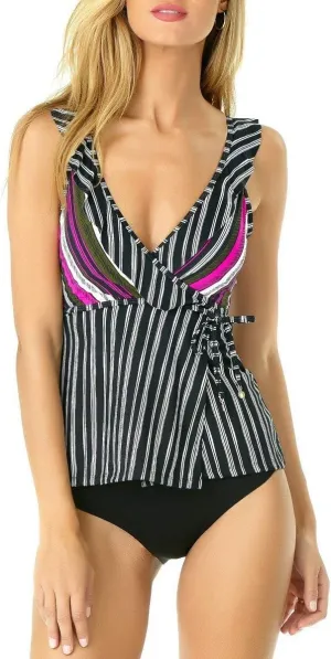 Anne Cole Sketchbook Shoulder Flounce Wrap Tankini Top