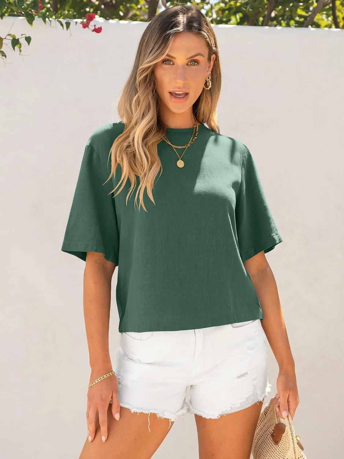 ANRABESS Women Linen Shirts Short Sleeve Oversized Casual Loose Crop Tops Tshirts Summer Cute Tees Outfits Blouse 2025