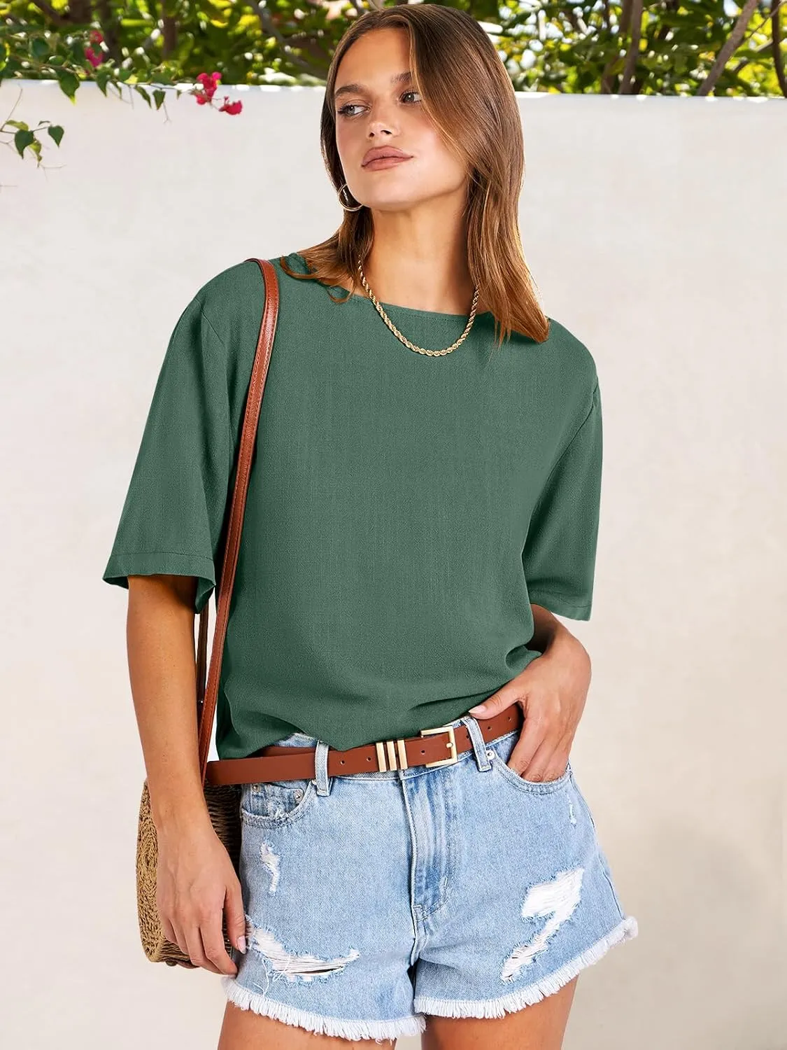 ANRABESS Women Linen Shirts Short Sleeve Oversized Casual Loose Crop Tops Tshirts Summer Cute Tees Outfits Blouse 2025