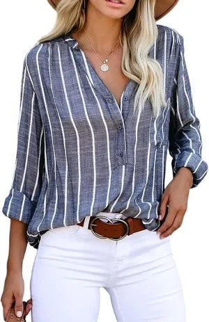 Astylish Women V Neck Striped Roll up Sleeve Button Down Blouse Tops