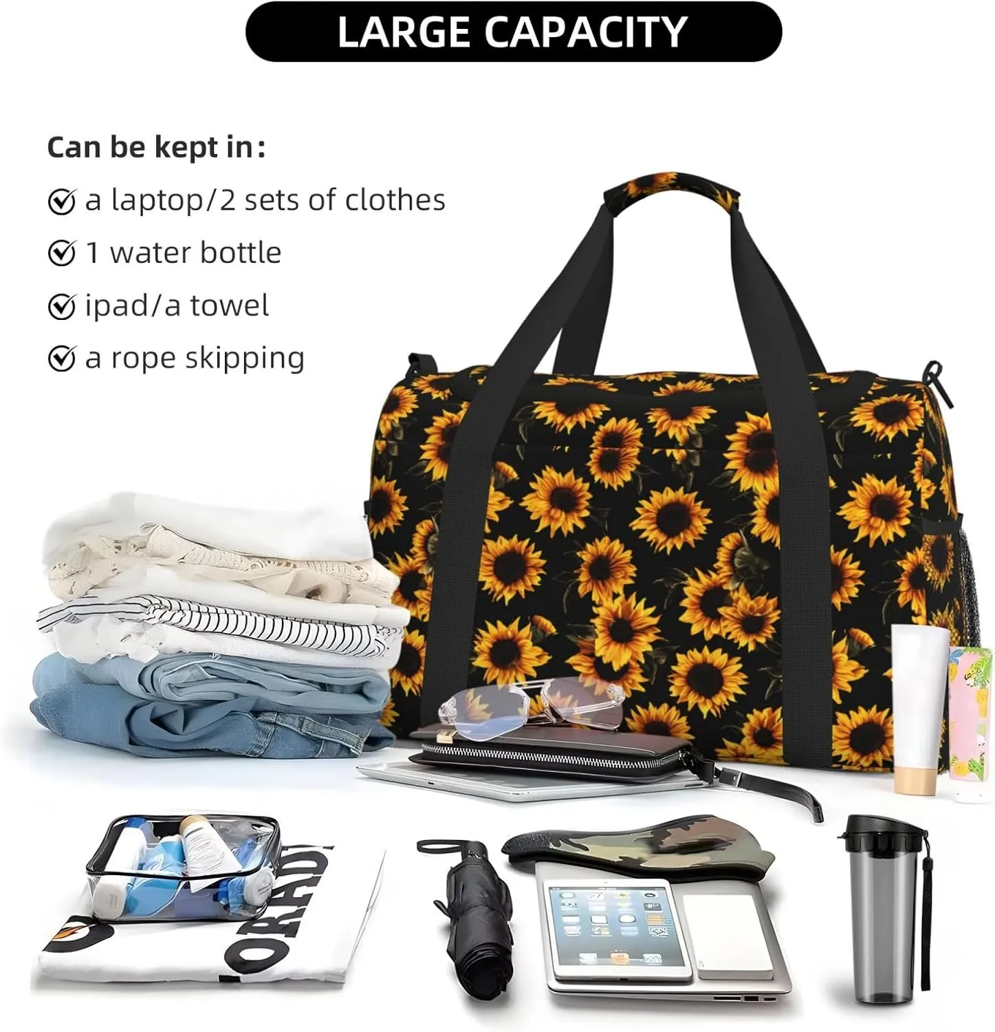 Autumn Floral Big Capacity Sports Gym Bag Portable Travel Duffle Bag, Sunflowers Lightweight Weekender Workout Bag for Overnight, Unisex