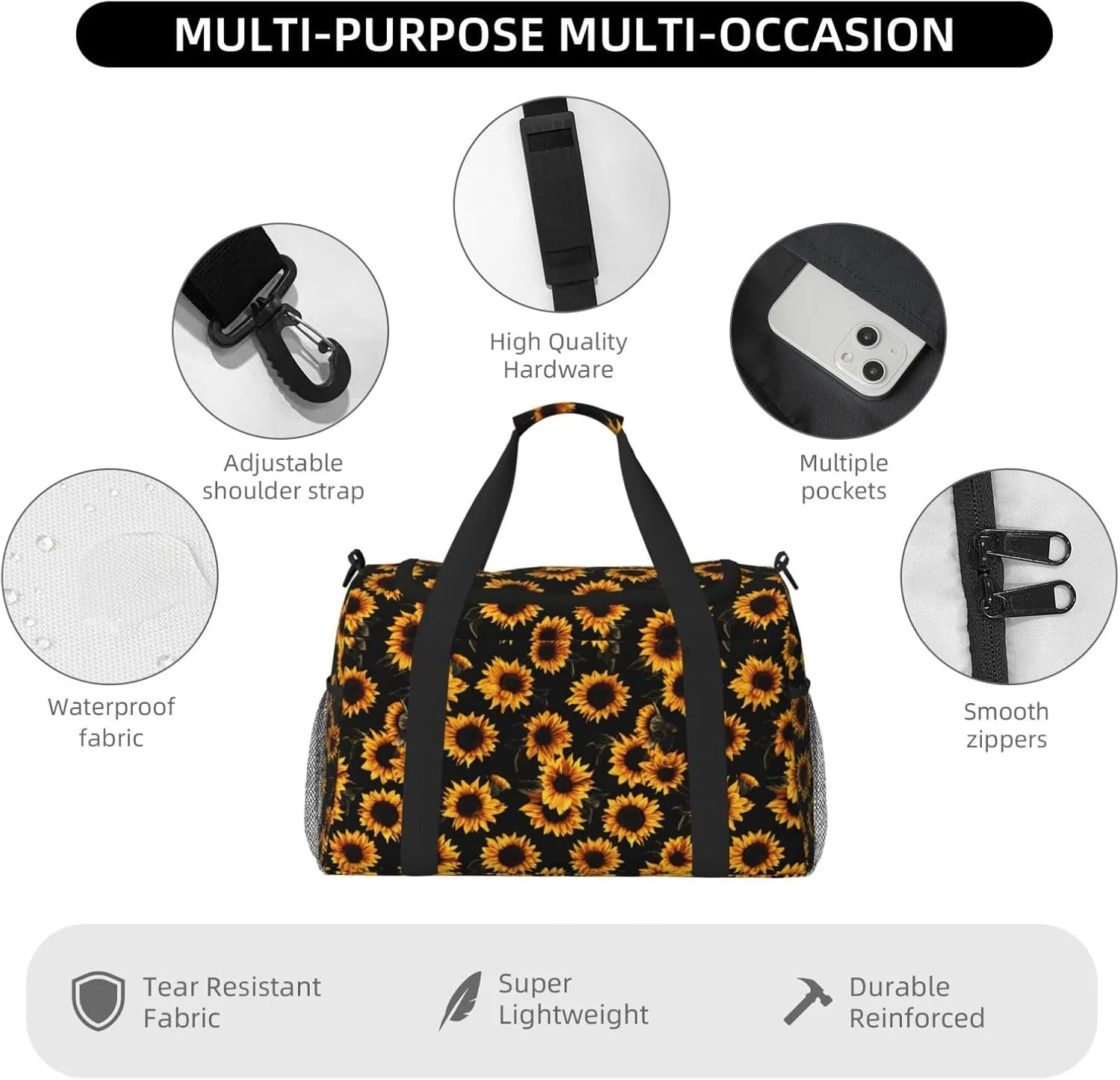 Autumn Floral Big Capacity Sports Gym Bag Portable Travel Duffle Bag, Sunflowers Lightweight Weekender Workout Bag for Overnight, Unisex
