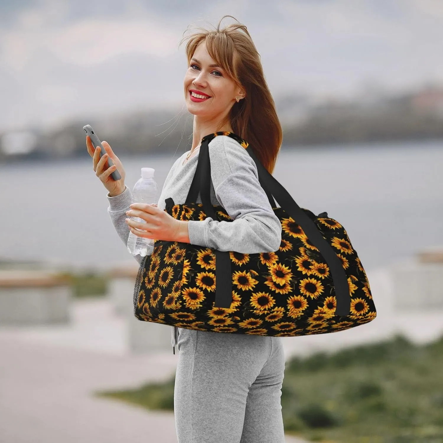 Autumn Floral Big Capacity Sports Gym Bag Portable Travel Duffle Bag, Sunflowers Lightweight Weekender Workout Bag for Overnight, Unisex