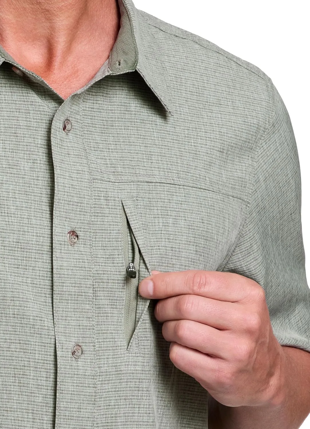Avalanche Hiking Shirt for Men, Short Sleeve Heathered Stripe Quick Drying Woven Collared Button-Up Shirt, Zipper Pocket