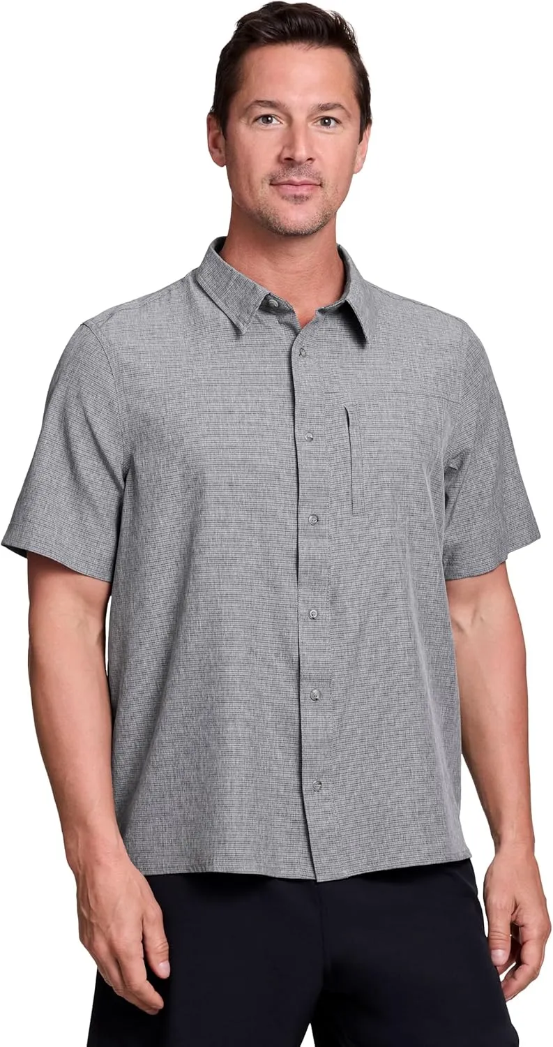 Avalanche Hiking Shirt for Men, Short Sleeve Heathered Stripe Quick Drying Woven Collared Button-Up Shirt, Zipper Pocket