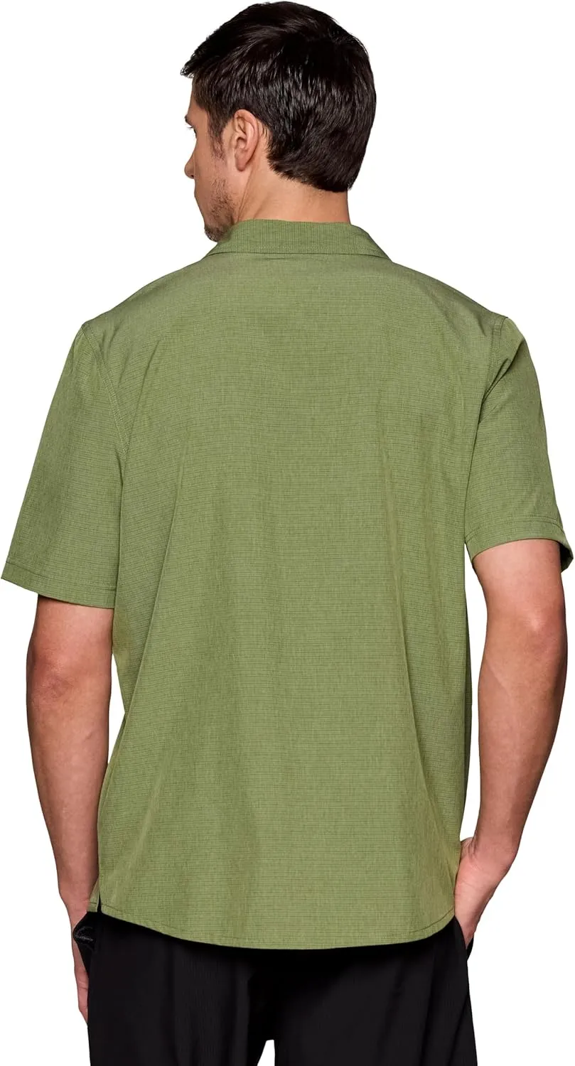 Avalanche Hiking Shirt for Men, Short Sleeve Heathered Stripe Quick Drying Woven Collared Button-Up Shirt, Zipper Pocket