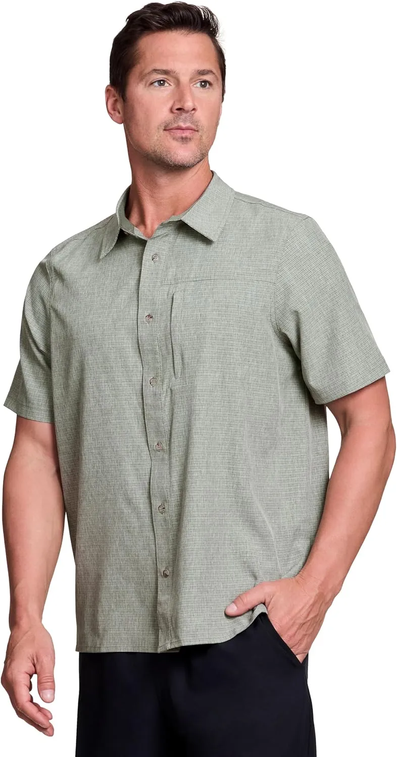 Avalanche Hiking Shirt for Men, Short Sleeve Heathered Stripe Quick Drying Woven Collared Button-Up Shirt, Zipper Pocket