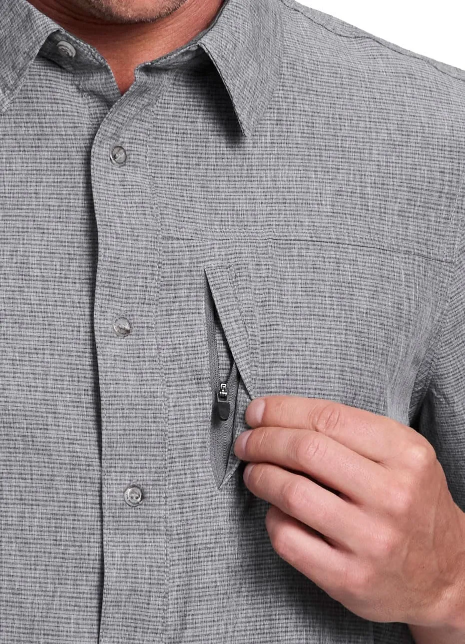 Avalanche Hiking Shirt for Men, Short Sleeve Heathered Stripe Quick Drying Woven Collared Button-Up Shirt, Zipper Pocket