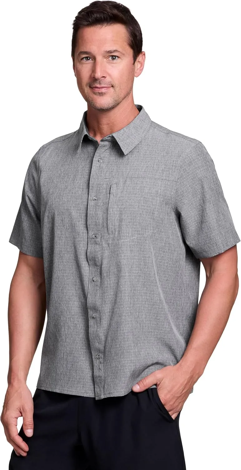 Avalanche Hiking Shirt for Men, Short Sleeve Heathered Stripe Quick Drying Woven Collared Button-Up Shirt, Zipper Pocket