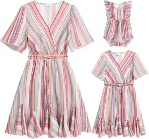 AWIBMK Mommy and Me Matching Dresses Leopard Ruffled Midi Dress Summer Solid Color Stripe Mom Daughter Matching Outfits