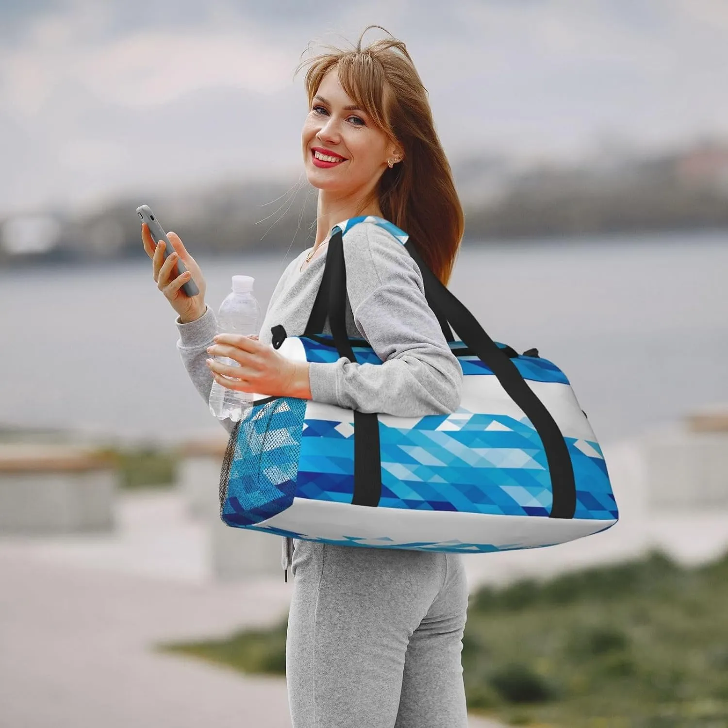 Azure Triangle On White Water Travel Duffel Bag Large Foldable Waterproof Overnight Bag For Beach Swim Bags Pool Sports Gym