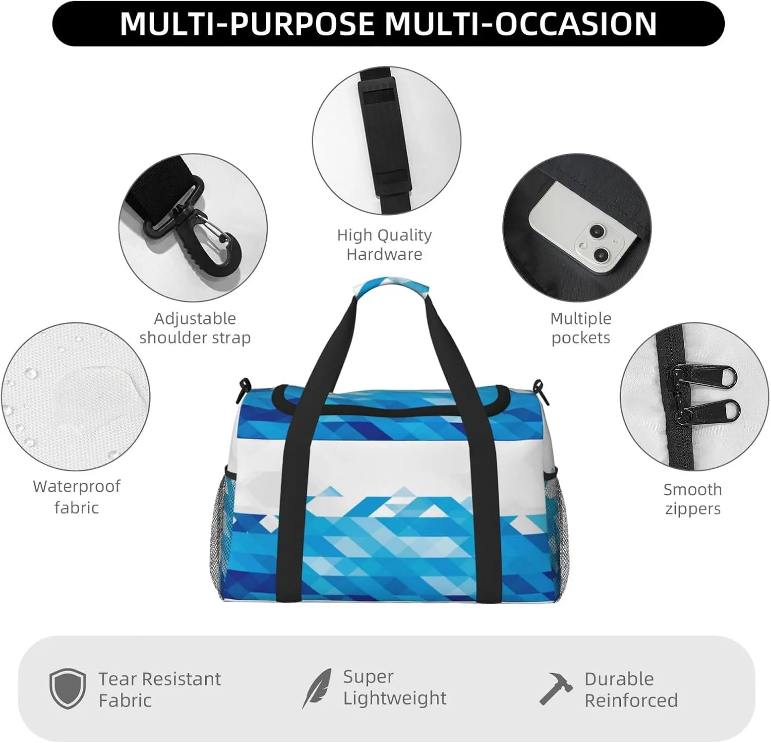 Azure Triangle On White Water Travel Duffel Bag Large Foldable Waterproof Overnight Bag For Beach Swim Bags Pool Sports Gym
