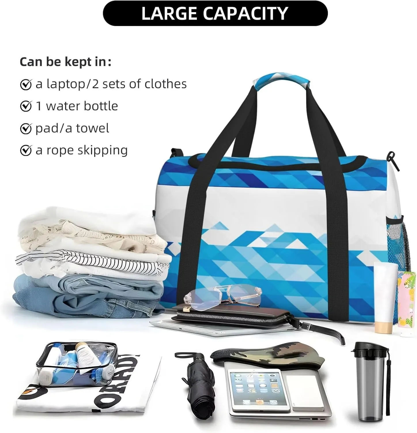 Azure Triangle On White Water Travel Duffel Bag Large Foldable Waterproof Overnight Bag For Beach Swim Bags Pool Sports Gym