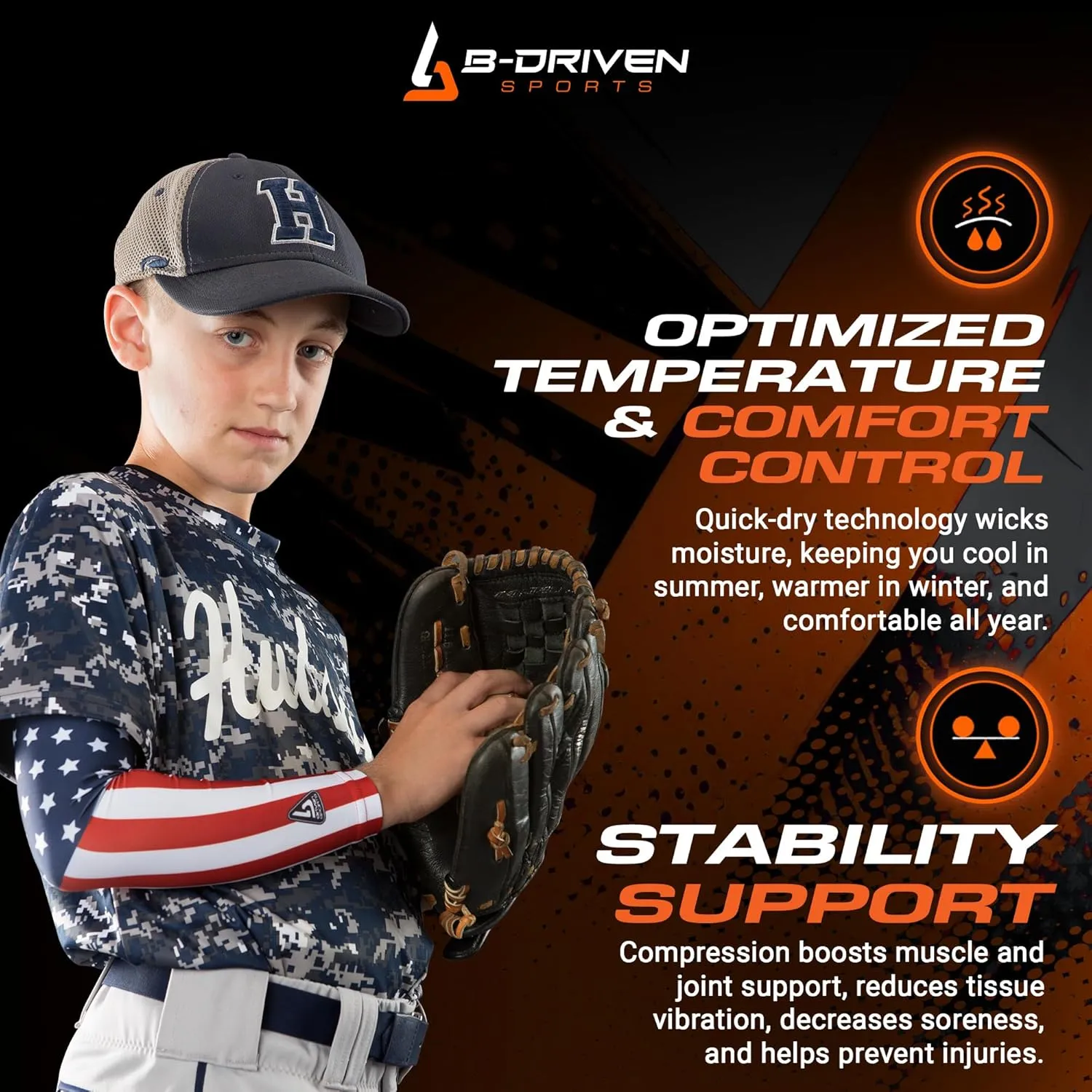 B-Driven Sports Pro-Fit Compression Arm Sleeve for Baseball, Football and Athletic - For Men, Women, Youth, Kids - 42 Colors
