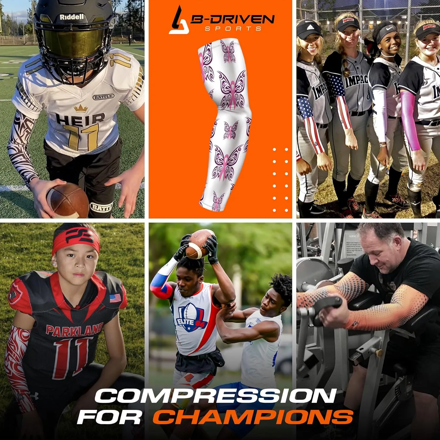 B-Driven Sports Pro-Fit Compression Arm Sleeve for Baseball, Football and Athletic - For Men, Women, Youth, Kids - 42 Colors