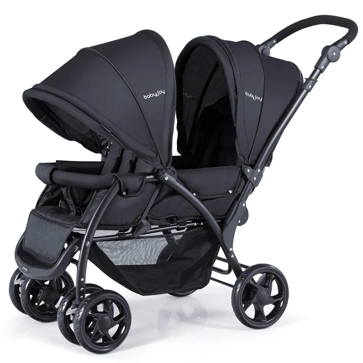 BABY JOY Double Stroller - Foldable Lightweight Twin Stroller with Tandem Seating, Adjustable Backrest/Canopy/Footrest, 5-Point Harness, Storage Basket, Newborn and Toddler (Black)