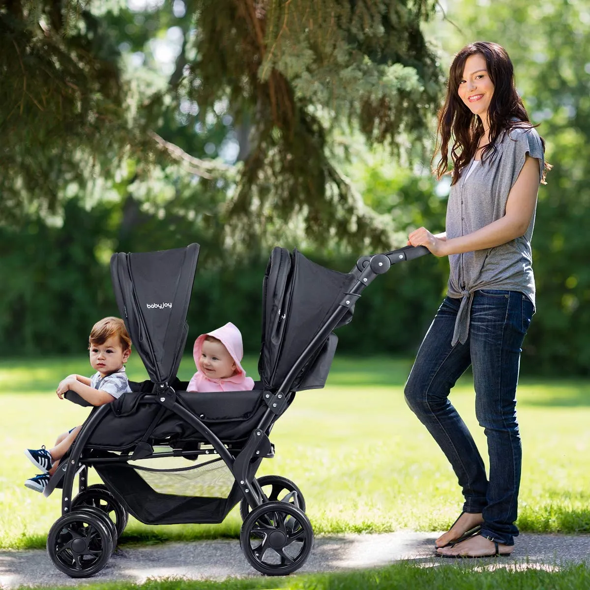 BABY JOY Double Stroller - Foldable Lightweight Twin Stroller with Tandem Seating, Adjustable Backrest/Canopy/Footrest, 5-Point Harness, Storage Basket, Newborn and Toddler (Black)