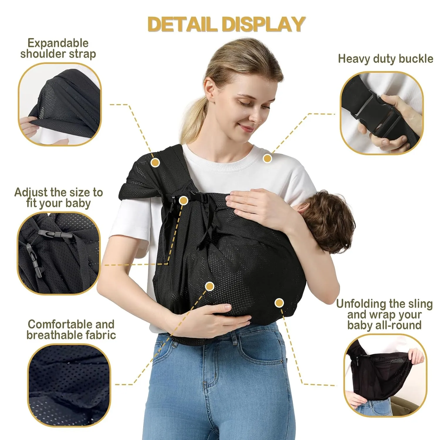 Baby Sling Carrier With Wide Shoulder Strap, Mesh Infant Wrap for Newborn to Toddler, Perfect for Mom and Dad, Black