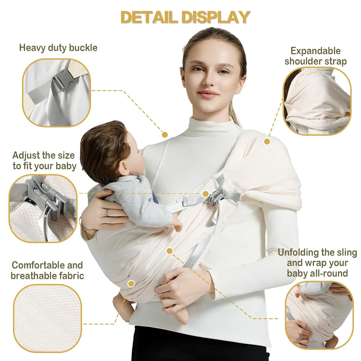Baby Sling Carrier With Wide Shoulder Strap, Mesh Infant Wrap for Newborn to Toddler, Perfect for Mom and Dad - Cream