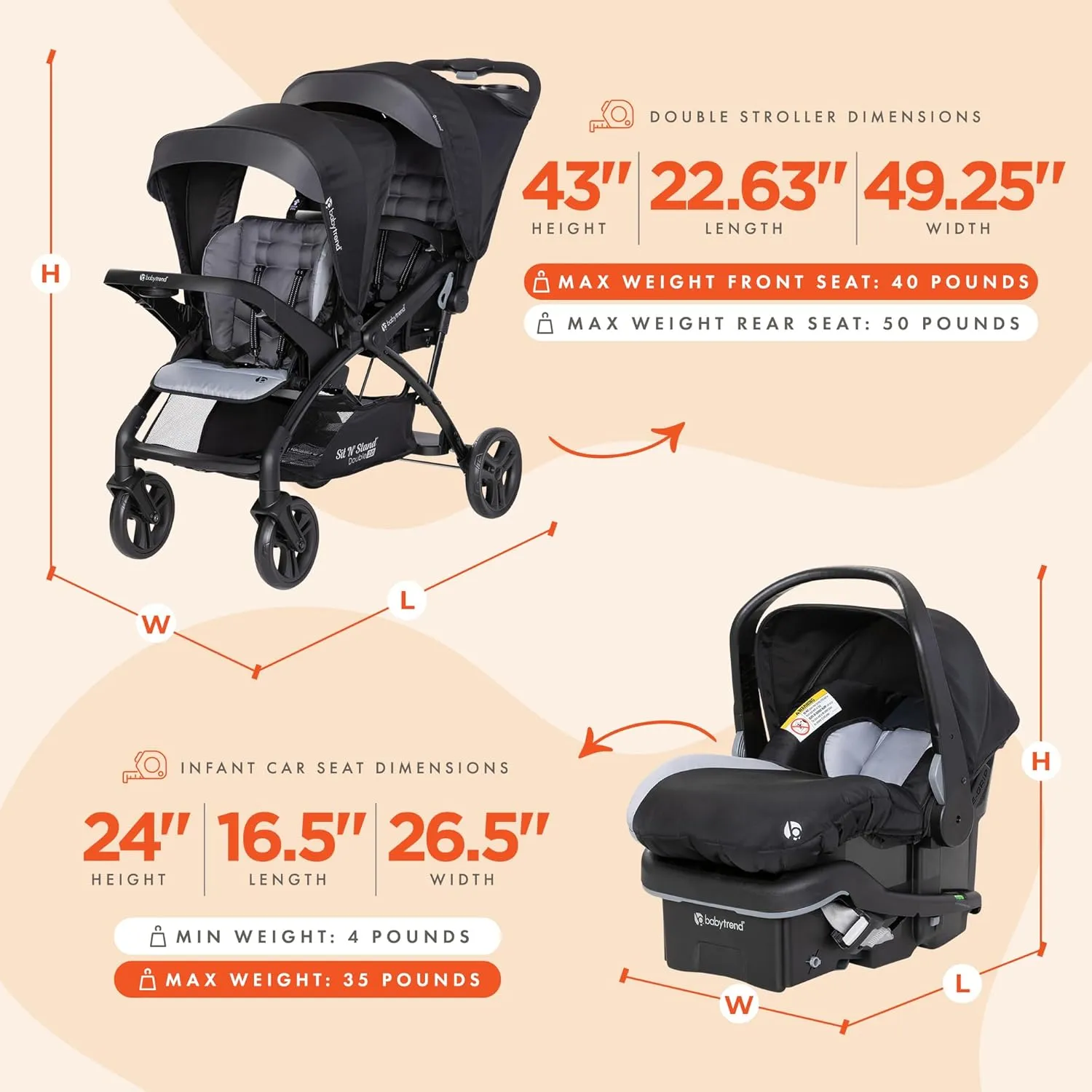 Baby Trend Double Stroller with 2 EZ-Lift Plus Infant Car Seats, Sit N' Stand, Stormy - Portable and Lightweight Stroller Duo and Car Seat Travel System Tandem