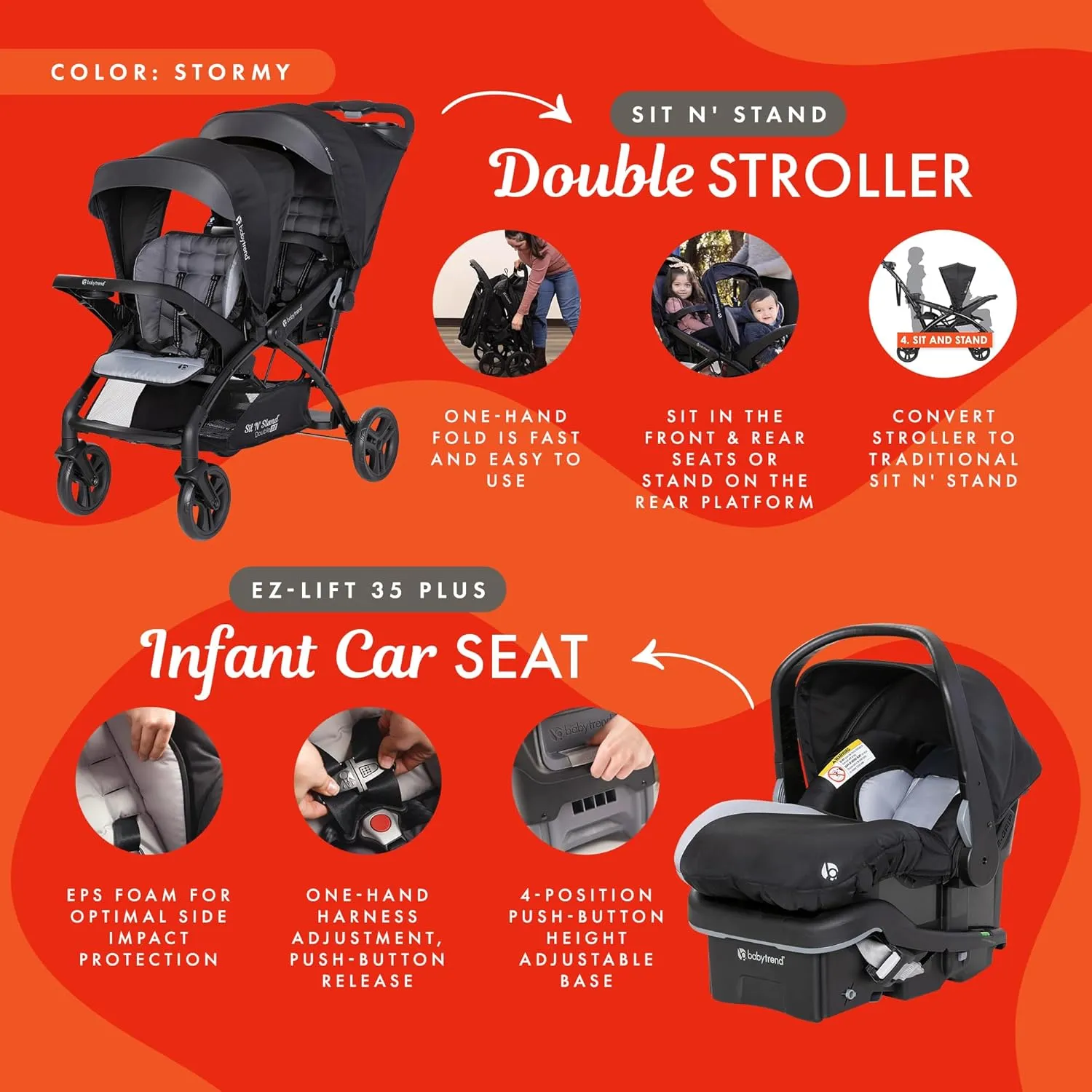 Baby Trend Double Stroller with 2 EZ-Lift Plus Infant Car Seats, Sit N' Stand, Stormy - Portable and Lightweight Stroller Duo and Car Seat Travel System Tandem