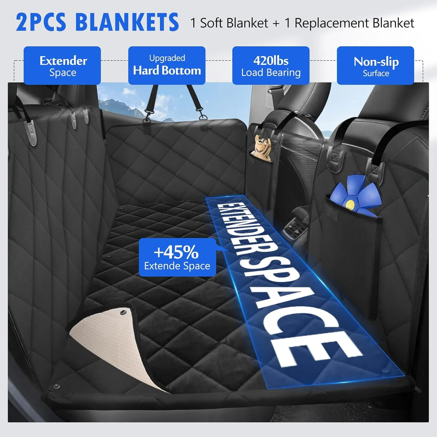 Back Seat Extender for Dogs-with Removable Soft Blankets, Hard Bottom Dog Car Seat Cover for Back Seat, Sturdy Backseat Extender for Dogs, Waterproof Dog Hammock for Car, SUV